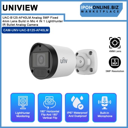 UNV Uniview UAC-B125-AF40LM Analog 5MP Fixed 4mm Lens Build in Mic 4 IN 1 LightHunter IR Bullet Analog Camera UNV Uniview UAC-B125-AF40LM Analog 5MP Fixed 4mm Lens Build in Mic 4 IN 1 LightHunter IR Bullet Analog Camera